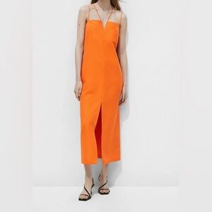 Massimo Dutti Bright Orange Strappy Linen Dress, NWT